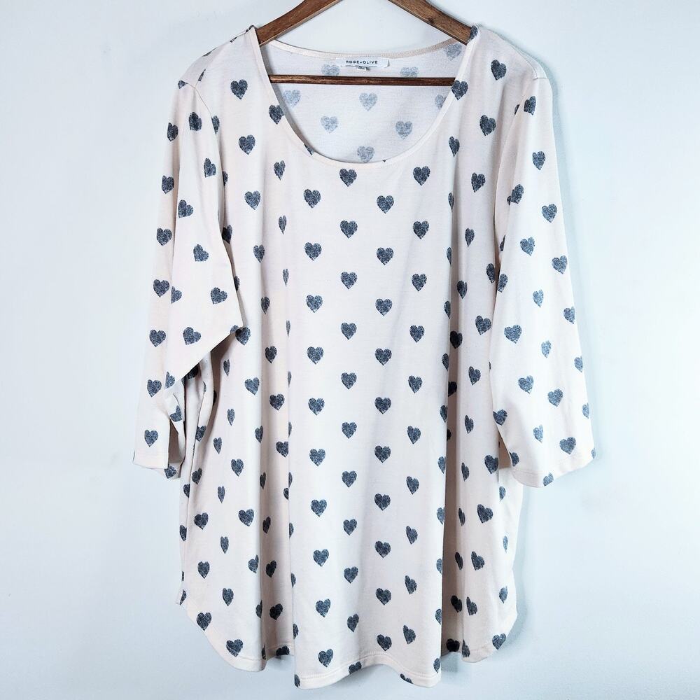 Rose + Olive Womens Pink Black Heart Print 3/4 Sleeve Knit Top Size 2X Lounge